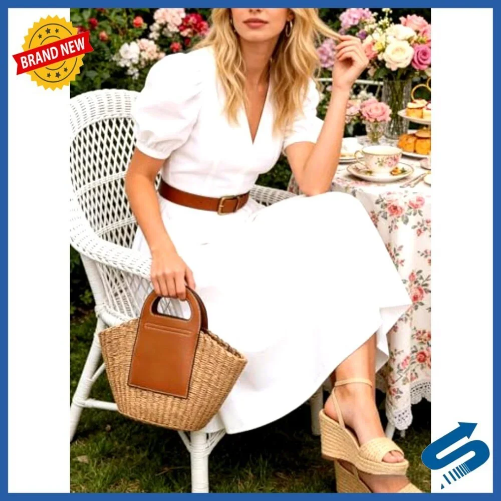 Handmade Straw Tote Bag Large Capacity Leather Stitching Boho Beach Travel Bag